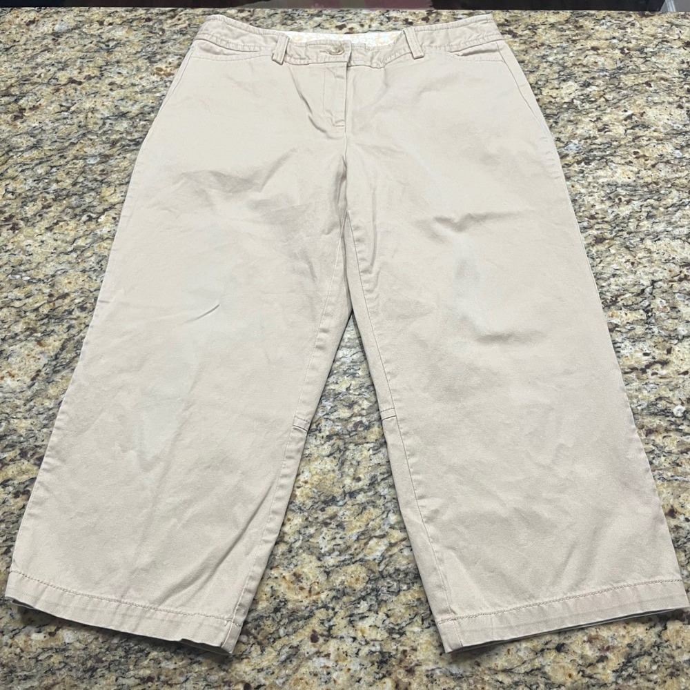 Liz Claiborne Audra Khaki Crop Pants Womens 14 Tan Wide Leg Cotton Trousers
